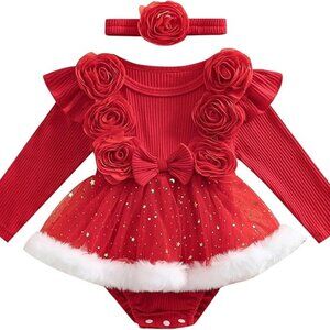 🎄Fancy Baby Girl Christmas Bodysuit with Tutu + Matching Headband